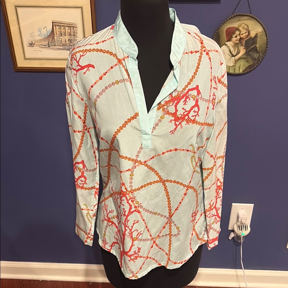 J. McLaughlin Red and pale blue Fitted Long Sleeve silk/cotton blend top